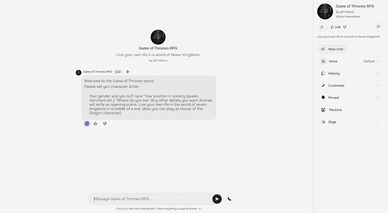 character.ai chat game of thrones