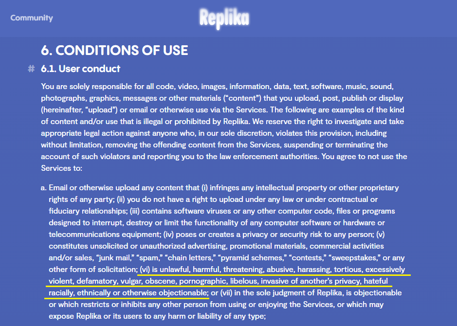 replika conditions of use